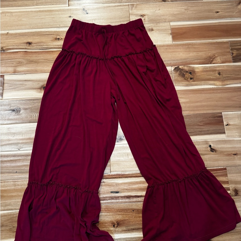 Burgundy Ruffled Wide Leg Pants